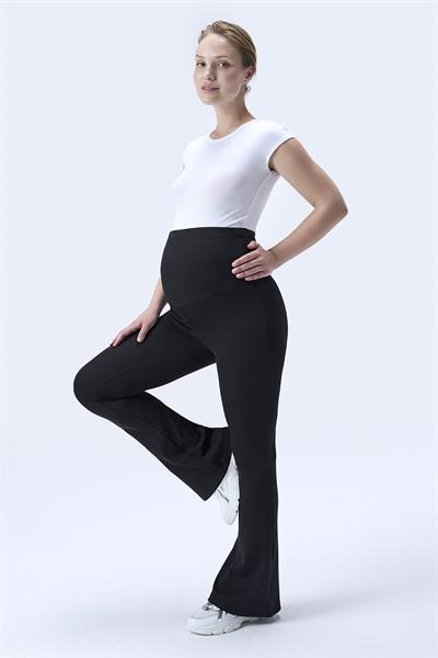 İmaj 367 Siyah Renk Fitilli Toparlayıcı ve Extra Esnek Etkili Yüksek Bel İspanyol Paça Hamile Tayt