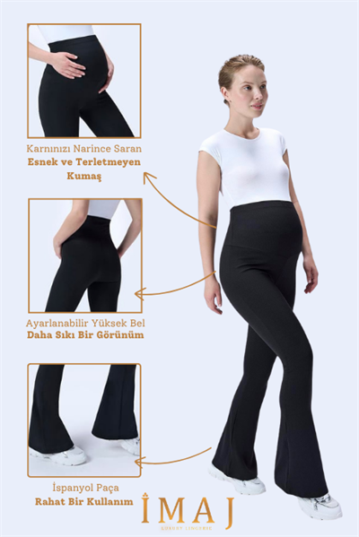 İmaj 436 Siyah Renk Toparlayıcı ve Extra Esnek Etkili Yüksek Bel İspanyol Paça Hamile Tayt