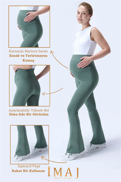 İmaj 436 Yeşil Renk Toparlayıcı ve Extra Esnek Etkili Yüksek Bel İspanyol Paça Hamile Tayt