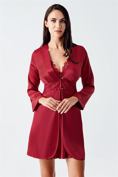 İmaj 4230 Bordo Renk Saten Dantel İşlemeli 2li Gecelik Takımı