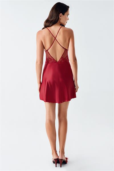 İmaj 104 Bordo Renk Saten İspanyol Kol 2li Gecelik Takım