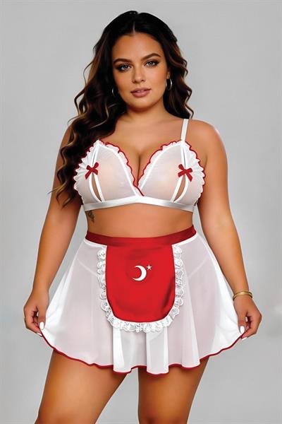 İmaj F2617 Kırmızı Beyaz Ay Yıldız Detaylı Mini Tül Etekli Büyük Beden Fantazi Takım