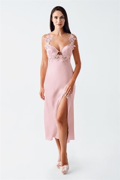 İmaj 4250 Pudra Renk Saten 2li Gecelik Sabahlık Takımı