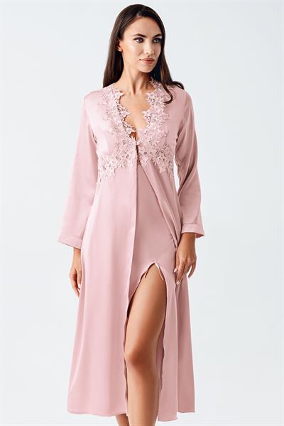 İmaj 4250 Pudra Renk Saten 2li Gecelik Sabahlık Takımı