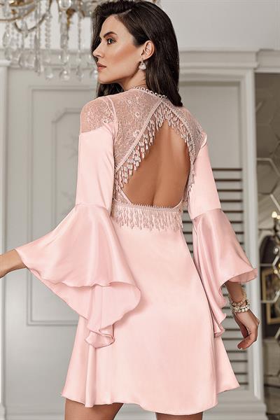 İmaj 3200 Pudra Renk Saten Dantel İşlemeli Kısa 2li Gecelik Takımı