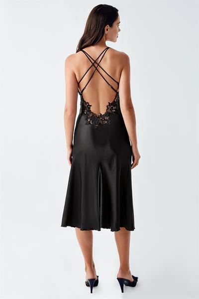 İmaj 4250 Siyah Renk Saten 2li Gecelik Sabahlık Takımı