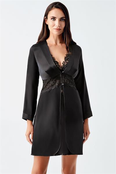 İmaj 4230 Siyah Renk Saten Dantel İşlemeli 2li Gecelik Takımı