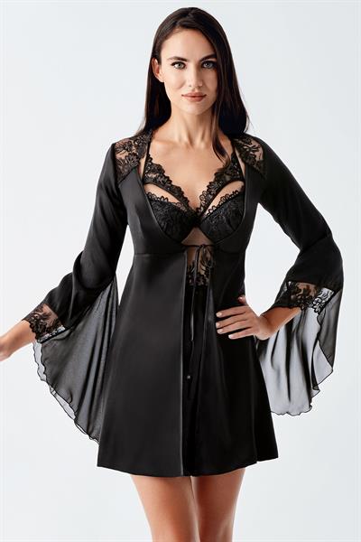 İmaj 104 Siyah Renk Saten İspanyol Kol 2li Gecelik Takım