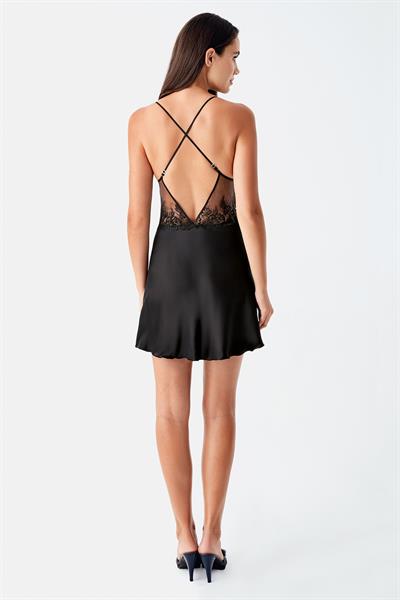 İmaj 104 Siyah Renk Saten İspanyol Kol 2li Gecelik Takım