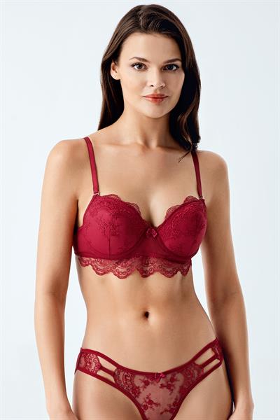 Luw 6118 Bordo Renk Dolgulu Sütyen Külot Dantelli 2li Takım
