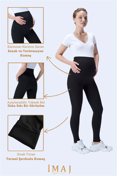 İmaj 585 Siyah Renk Termal Şardonlu Sıcak Tutan Extra Esnek Etkili Yüksek Ayarlanabilir Bel Hamile Tayt