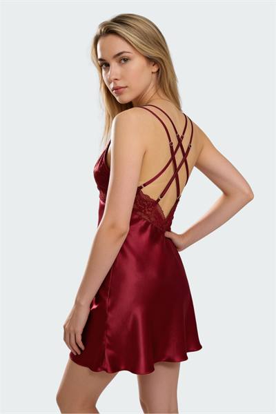 İmaj 220 Bordo Renk Saten Askılı Gecelik