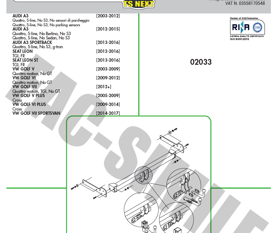 DİKEY SÖKTAK Audi A3 - Volkswagen Golf - Seat Leon - Audi Q2