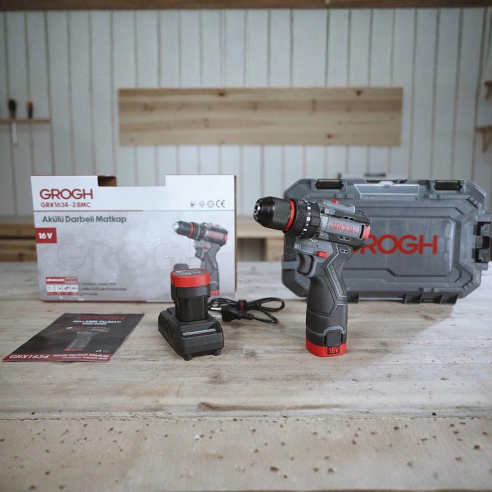 Grogh GRX1634-2 BMC Kömürsüz Motorlu Çift Akülü Çift Vitesli 16V 2Ah Şarjlı Darbeli Matkap