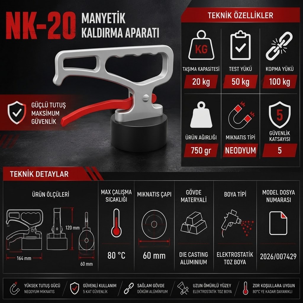 NK-20 20 Kg Taşıma Kapasiteli Neodyum Mıknatıslı Alüminyum Gövdeli Manyetik Kaldırma Aparatı