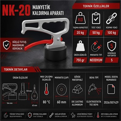 NK-20 20 Kg Taşıma Kapasiteli Neodyum Mıknatıslı Alüminyum Gövdeli Manyetik Kaldırma Aparatı