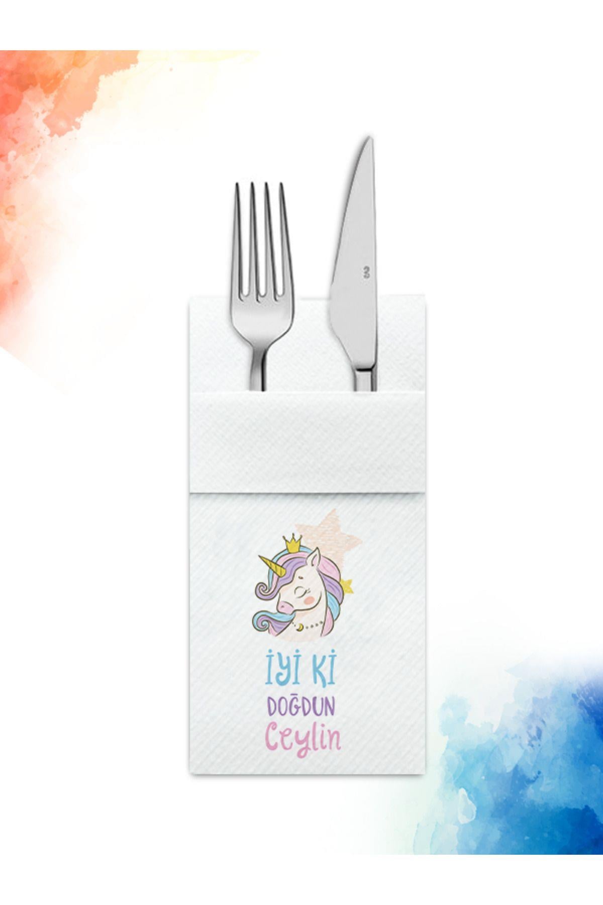 Unicorn Figürlü Kumaş Dokulu Cepli Airlaid Doğum Günü  Peçete | PABT35