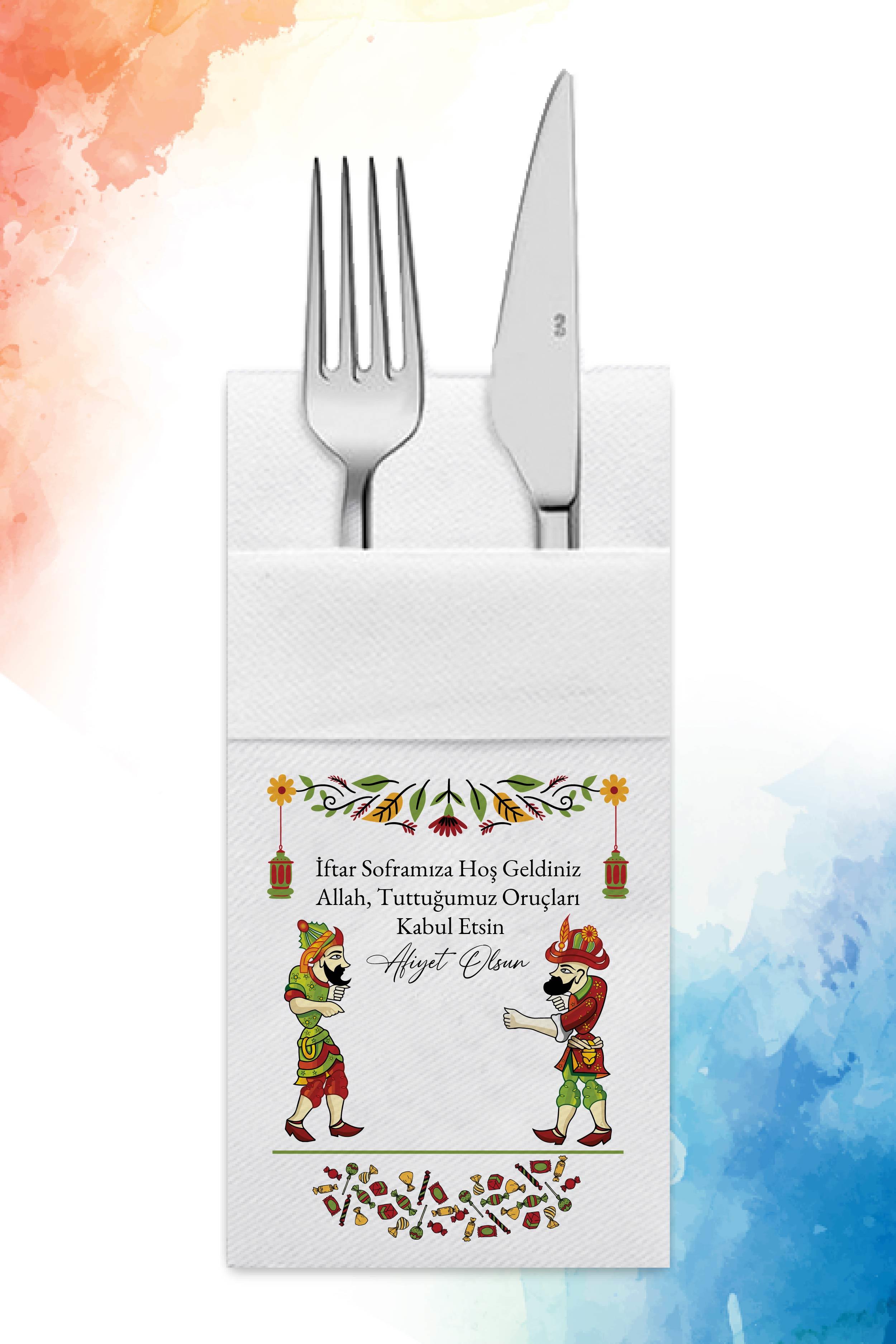 Hacivat Karagöz Baskılı Ramazan temalı Airlaid Kumaş Dokulu Cepli Peçete