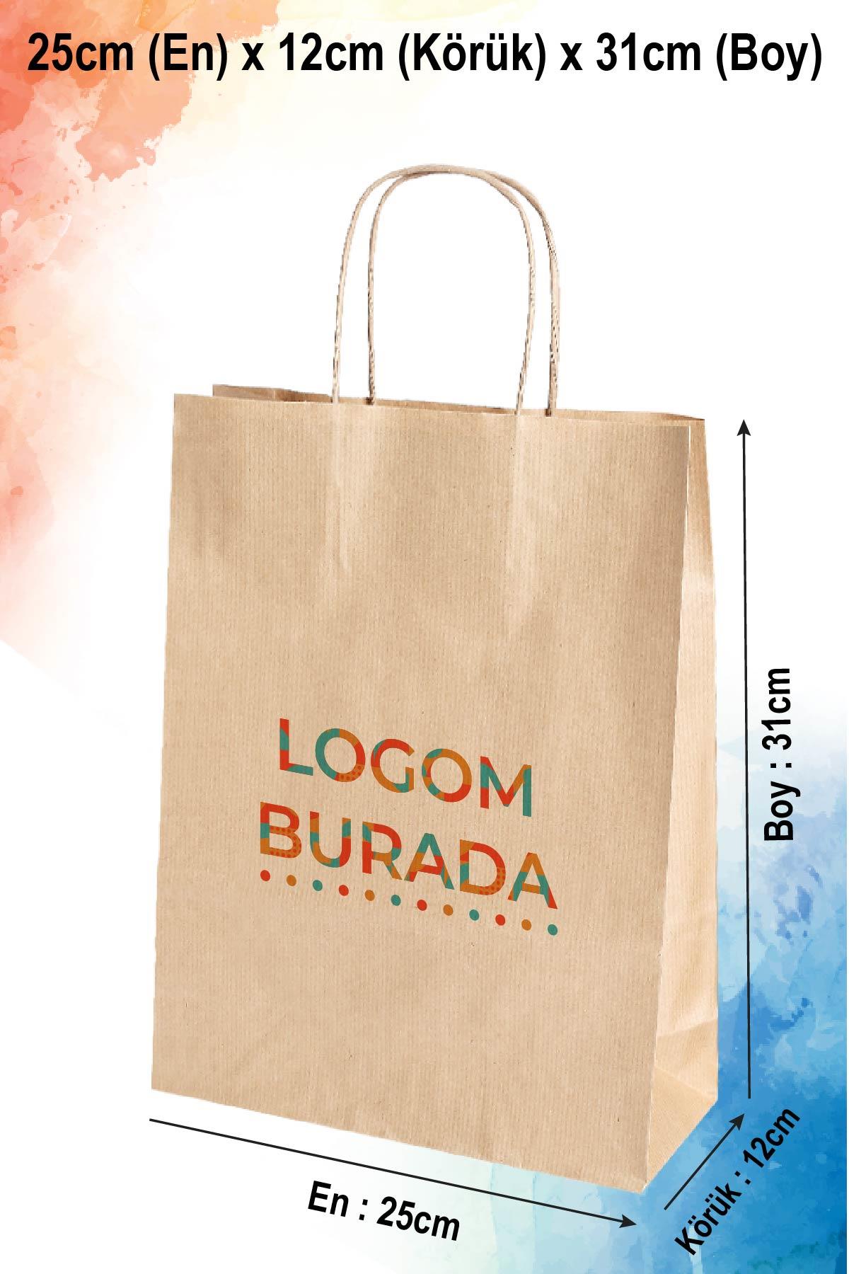 Logo Baskılı Orta Boy Kahve Kraft Kağıt Çanta