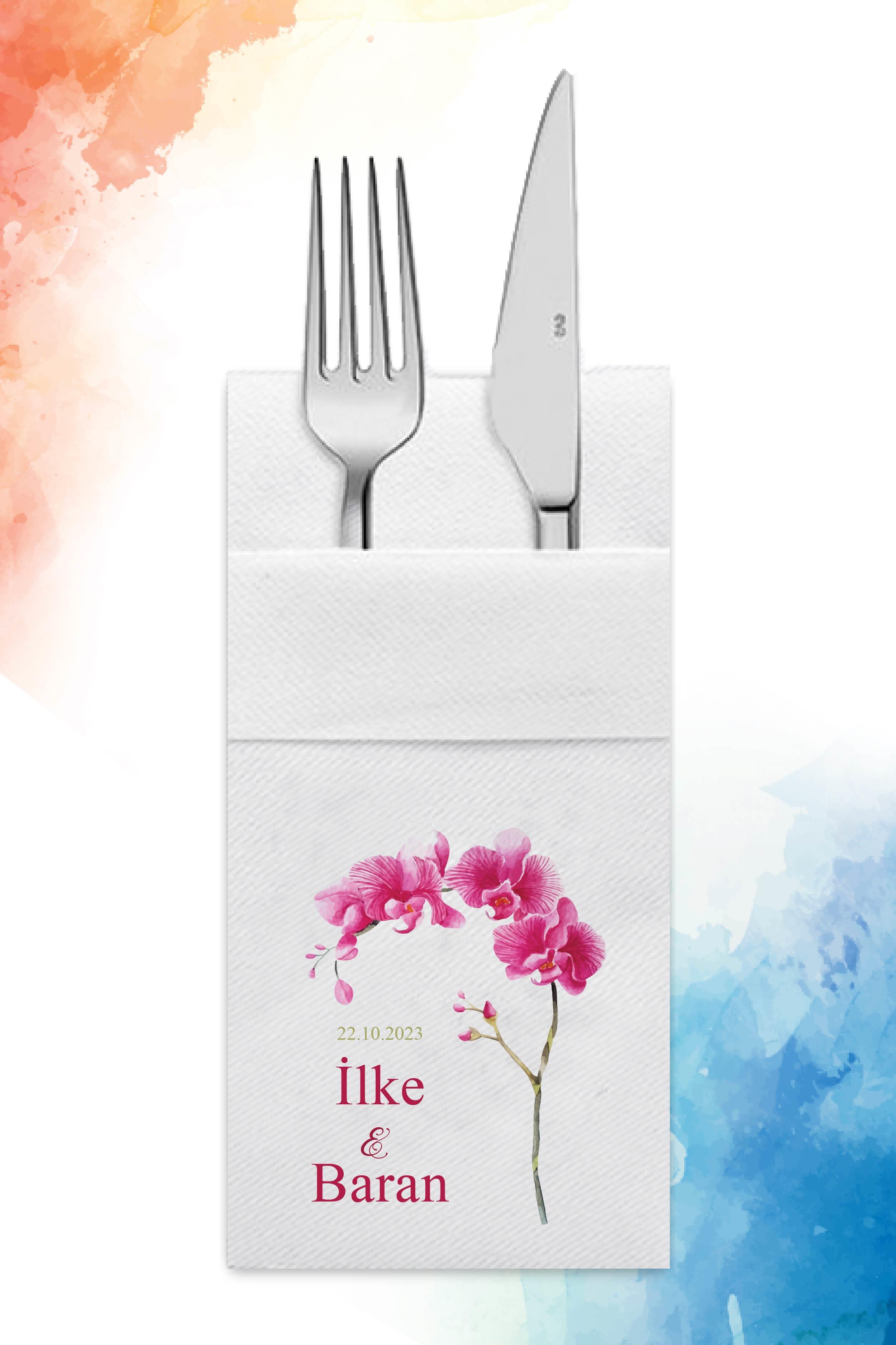 Kişiye Özel İsim Baskılı Kumaş Dokulu Cepli Airlaid Düğün Peçete | ORKİDE | PABT01