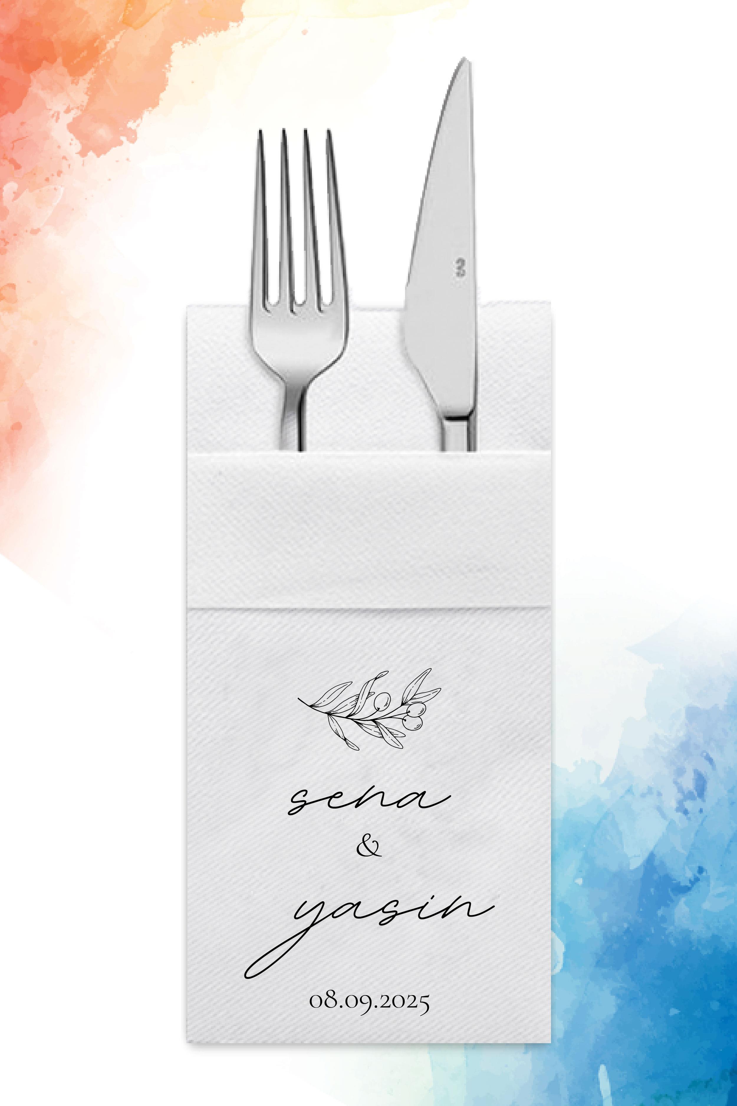Zeytin Çiçeği Baskılı Airlaid Cepli Nişan Peçetesi |PABT 195