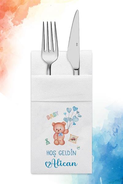 Ayıcık Figürlü Kumaş Dokulu Cepli Airlaid Bebek Mevlidi Peçete | PABT69