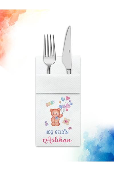 Ayı Teddy Figürlü Kumaş Dokulu Cepli Airlaid Bebek Mevlid Peçete | PABT76