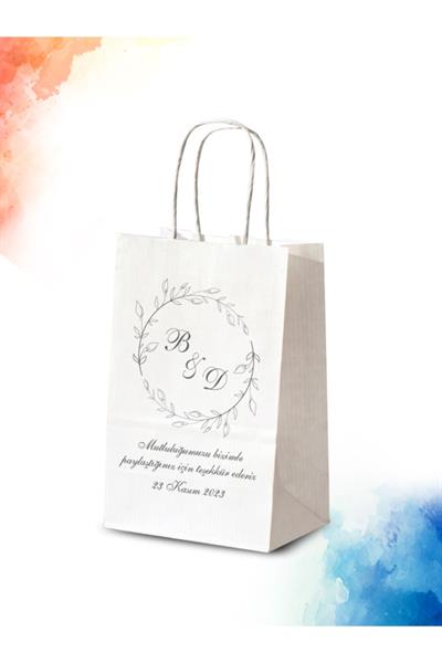 Kişiye Özel İsim Baskılı Düğün Hediyeliği Küçük Boy Kağıt Çanta | FLORAL | BKBT19