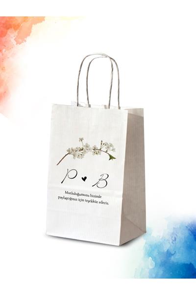 Kişiye Özel İsim Baskılı Düğün Hediyeliği Küçük Boy Kağıt Çanta | BAHAR DALI | BKBT64