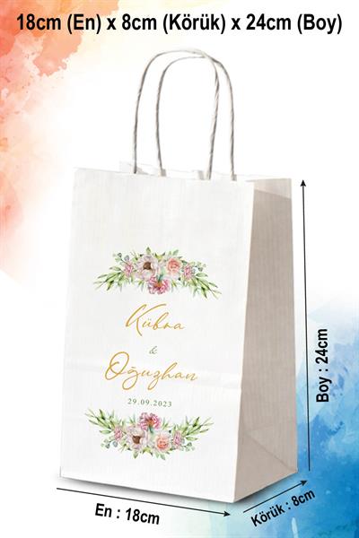 Kişiye Özel İsim Baskılı Düğün Hediyeliği Kağıt Çanta | SOFT ÇİÇEK | BKBT05