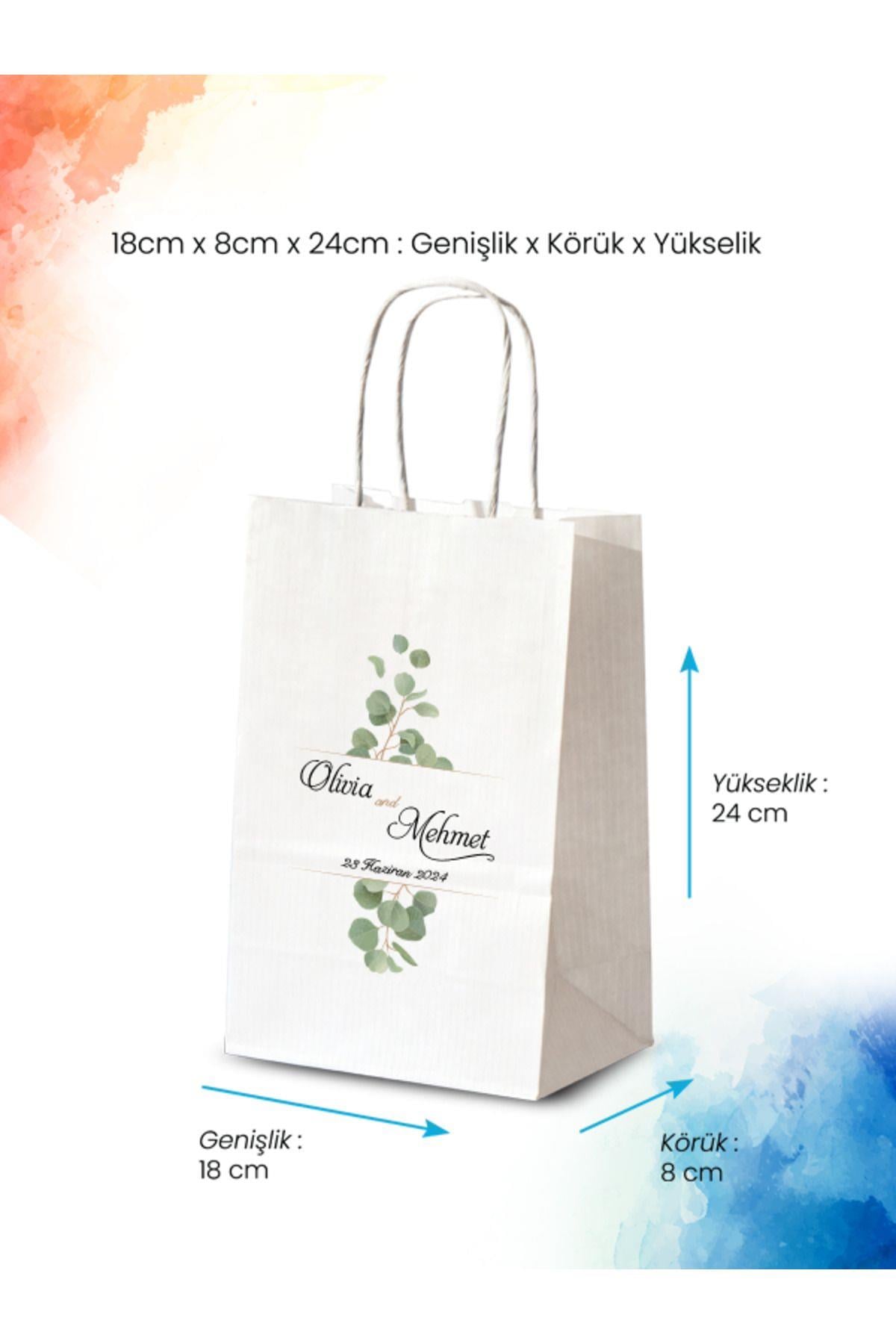 50 Adet Tek Yön Kişiye Özel Isim Baskılı Kağıt Çanta/Poşet 18x8x24 cm (BT109-50)