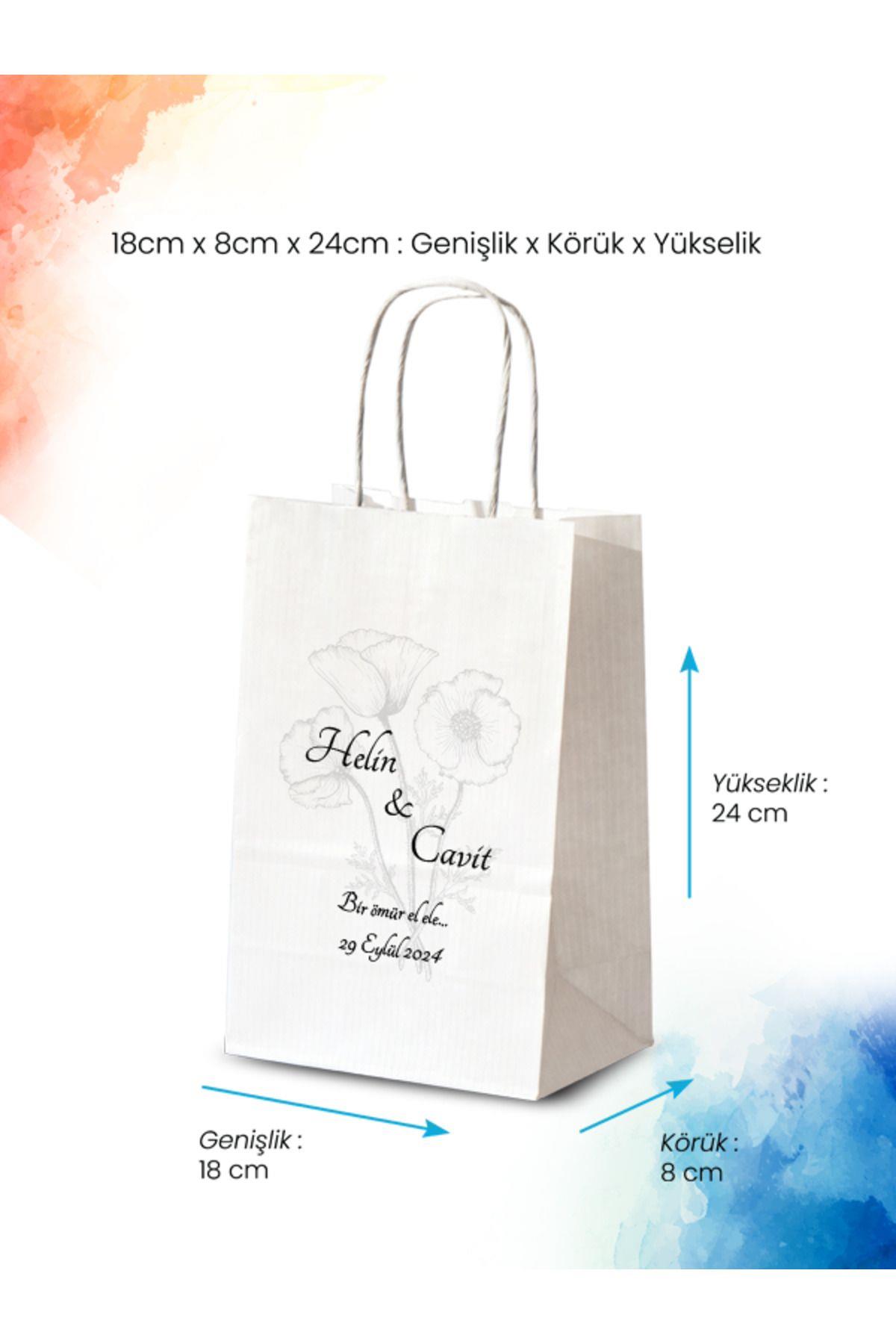 50 Adet Tek Yön Kişiye Özel Isim Baskılı Kağıt Çanta/Poşet 18x8x24 cm (BT108-50)