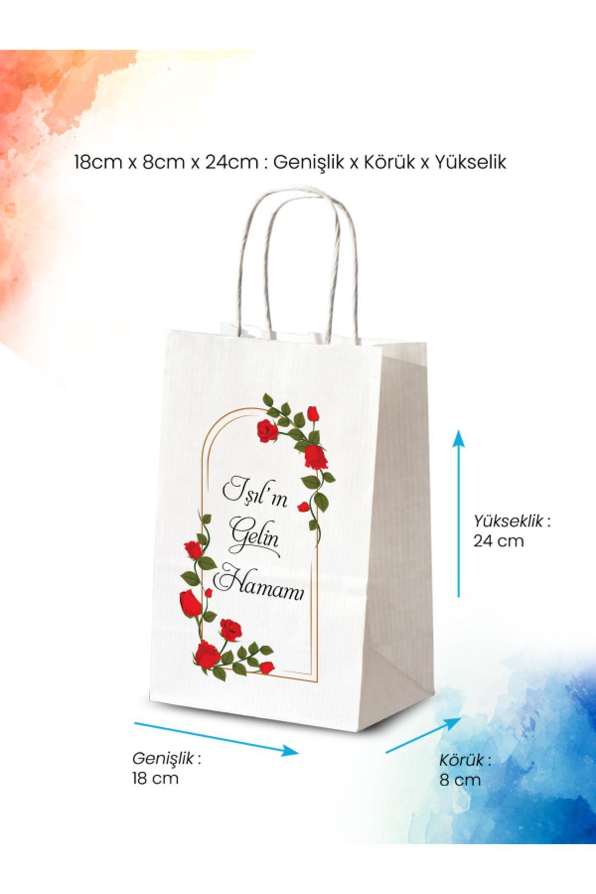 50 Adet Tek Yön Kişiye Özel Isim Baskılı Kağıt Çanta/Poşet 18x8x24 cm (BT24-50)