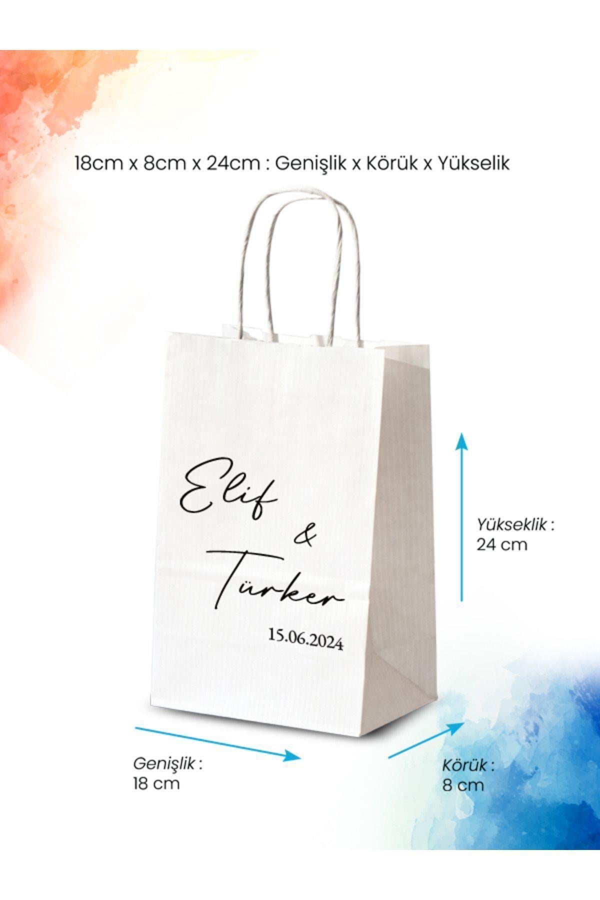 50 Adet Tek Yön Kişiye Özel Isim Baskılı Kağıt Çanta/Poşet 18x8x24 cm (BT113-50)
