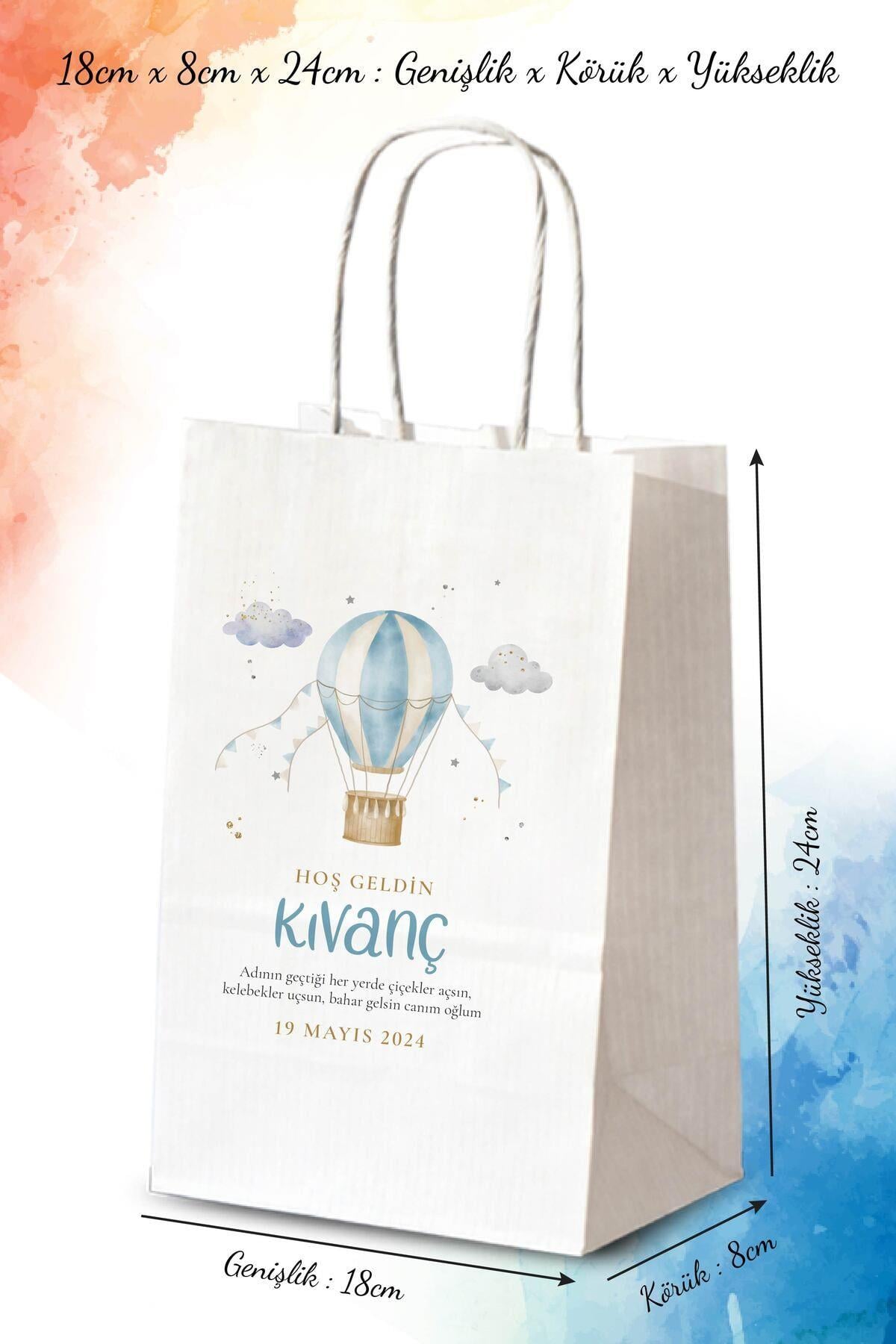 50 Adet Tek Yön Kişiye Özel Isim Baskılı Kağıt Çanta/Poşet 18x8x24 cm (BT96-50)