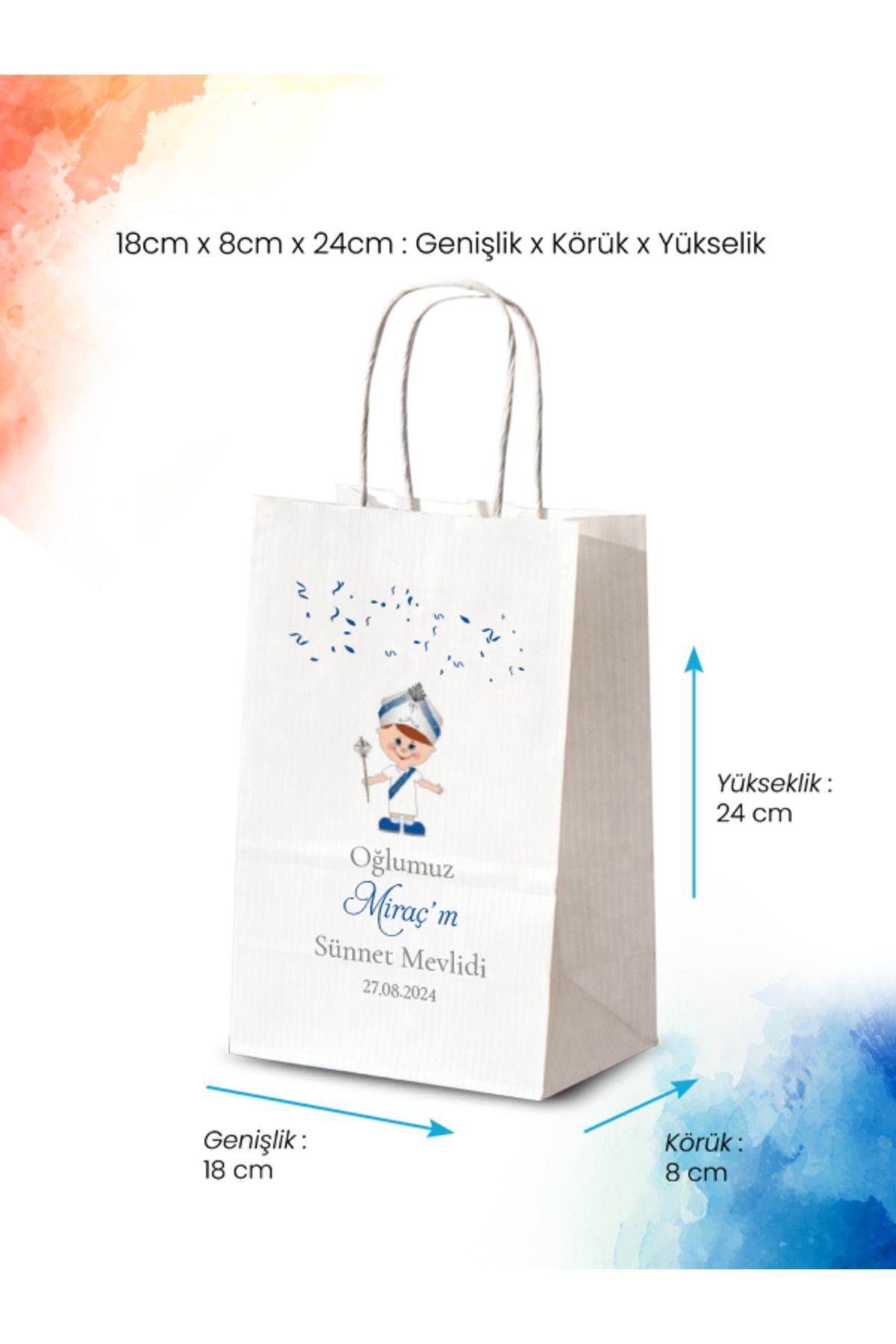 50 Adet Tek Yön Kişiye Özel Isim Baskılı Kağıt Çanta/Poşet 18x8x24 cm (BT102-50)
