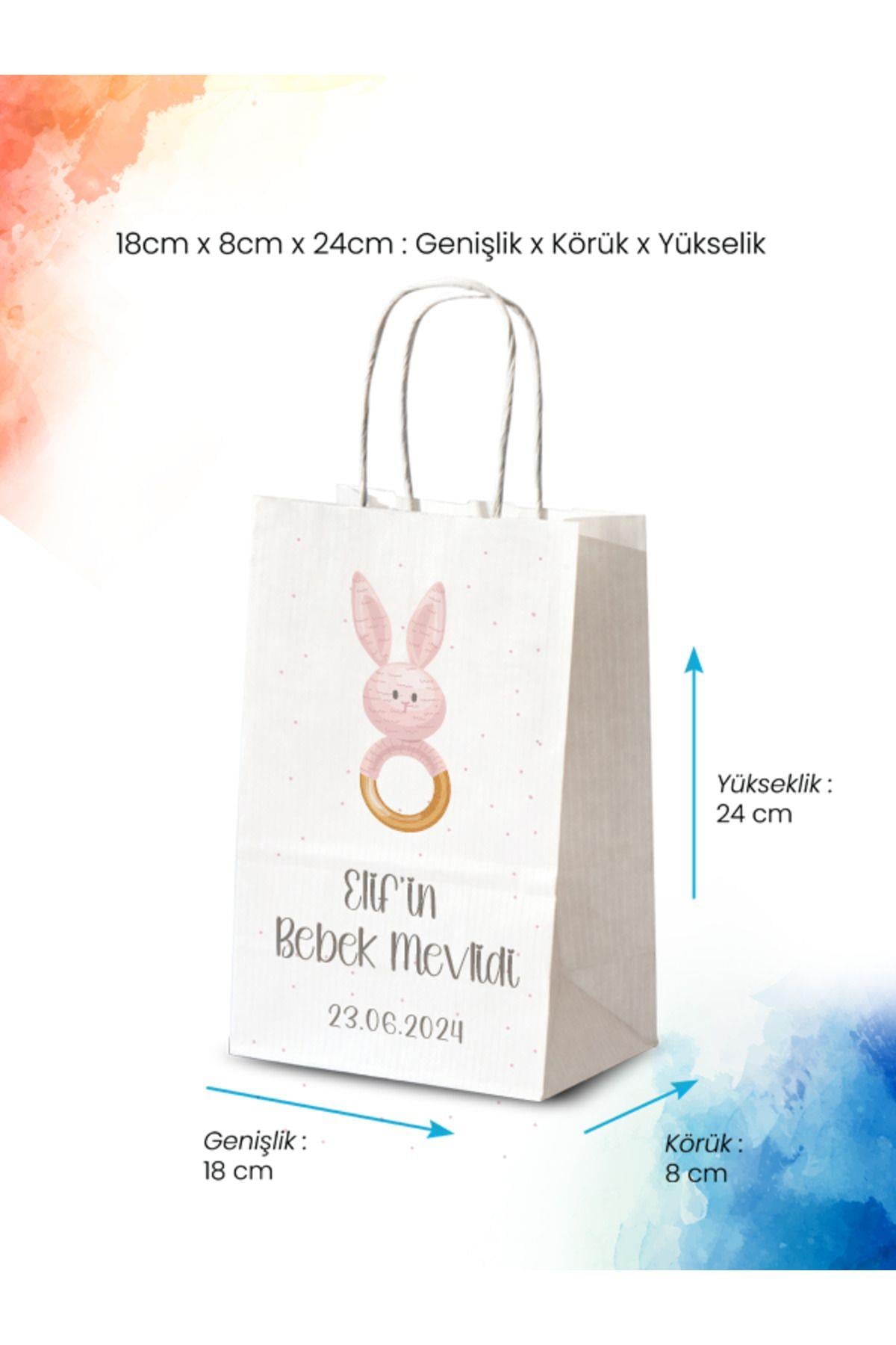 50 Adet Tek Yön Kişiye Özel Isim Baskılı Kağıt Çanta/Poşet 18x8x24 cm (BT100-50)