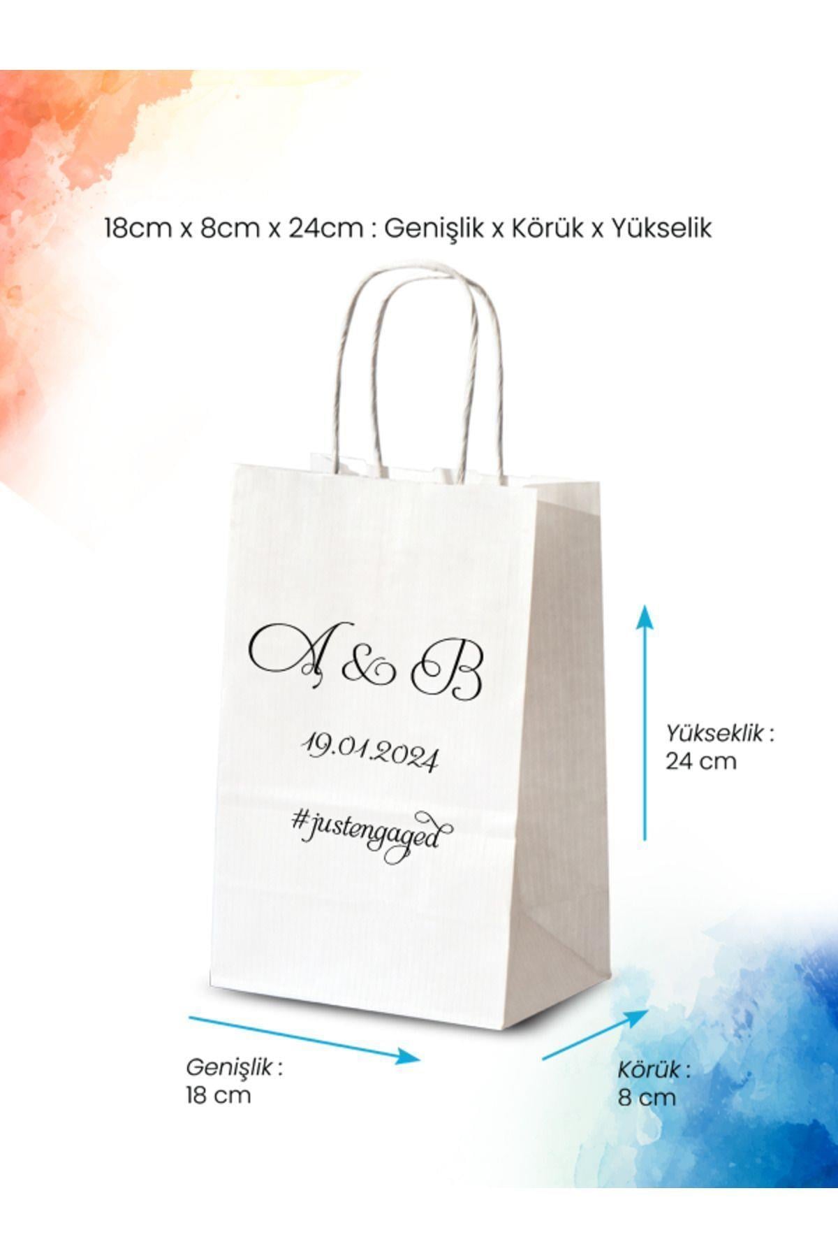 50 Adet Tek Yön Kişiye Özel Isim Baskılı Kağıt Çanta/Poşet 18x8x24 cm( BT21-50)