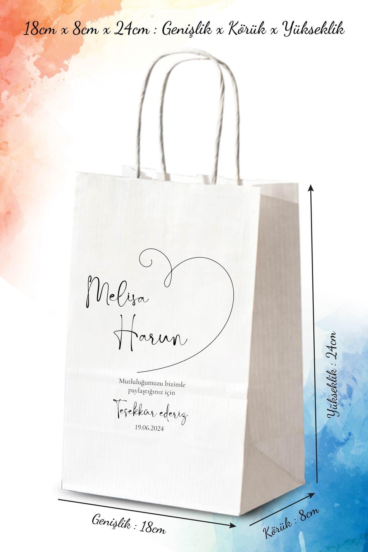 50 Adet Tek Yön Kişiye Özel Isim Baskılı Kağıt Çanta/Poşet 18x8x24 cm (BT90-50)