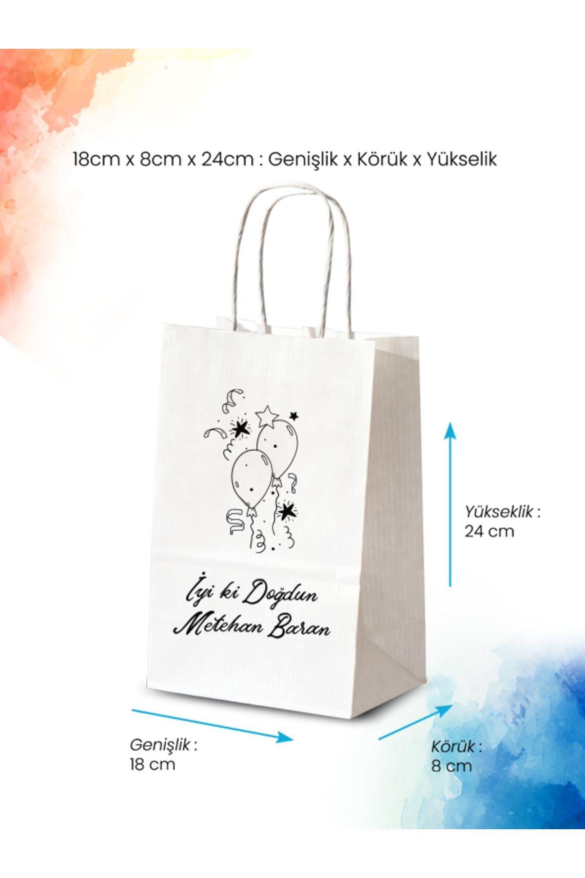 50 Adet Tek Yön Kişiye Özel Isim Baskılı Hediyelik Kağıt Çanta/poşet 18x8x24 Cm (BT73-50)