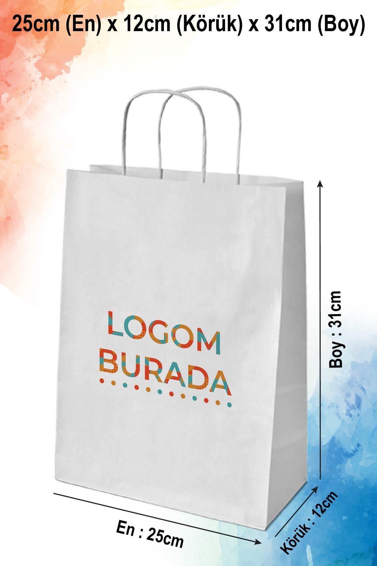 Logo Baskılı Orta Boy Beyaz Kraft Kağıt Çanta