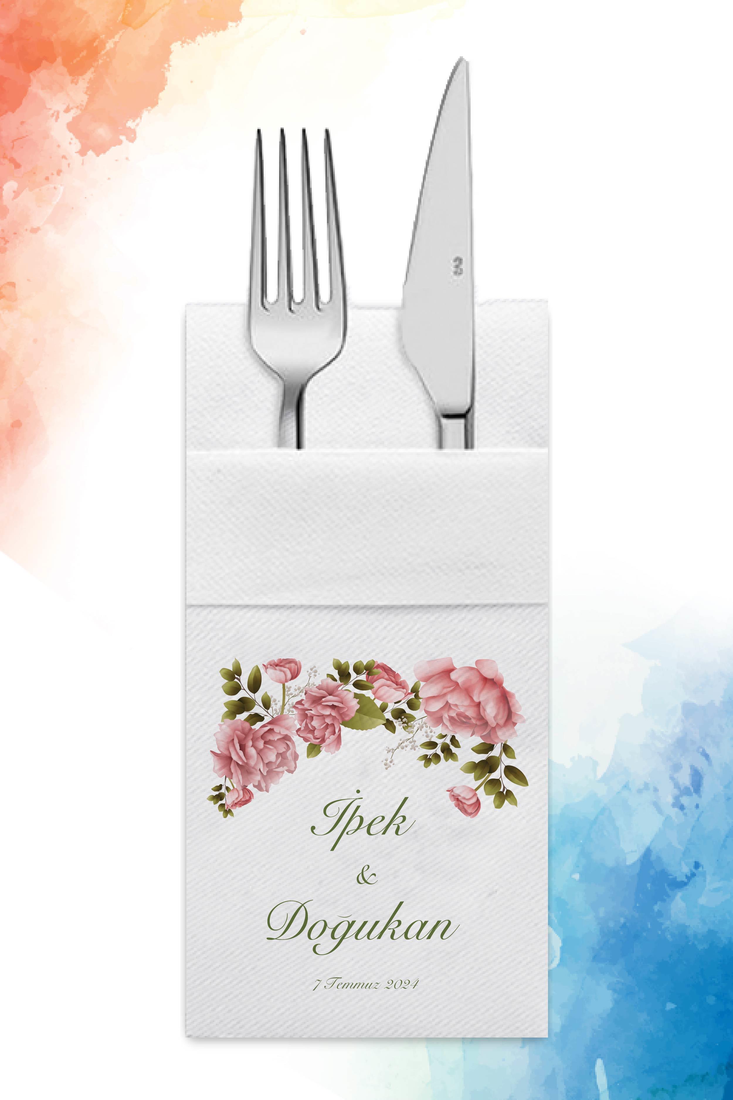 Pembe gül detaylı cepli airlaid düğün peçetesi |TASARIM 04