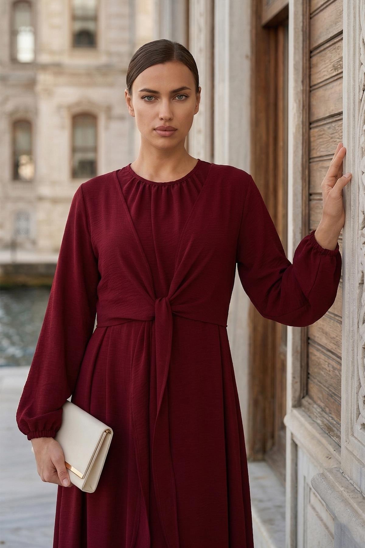 Bağlamalı Ayrobin Elbise Bordo SS2873