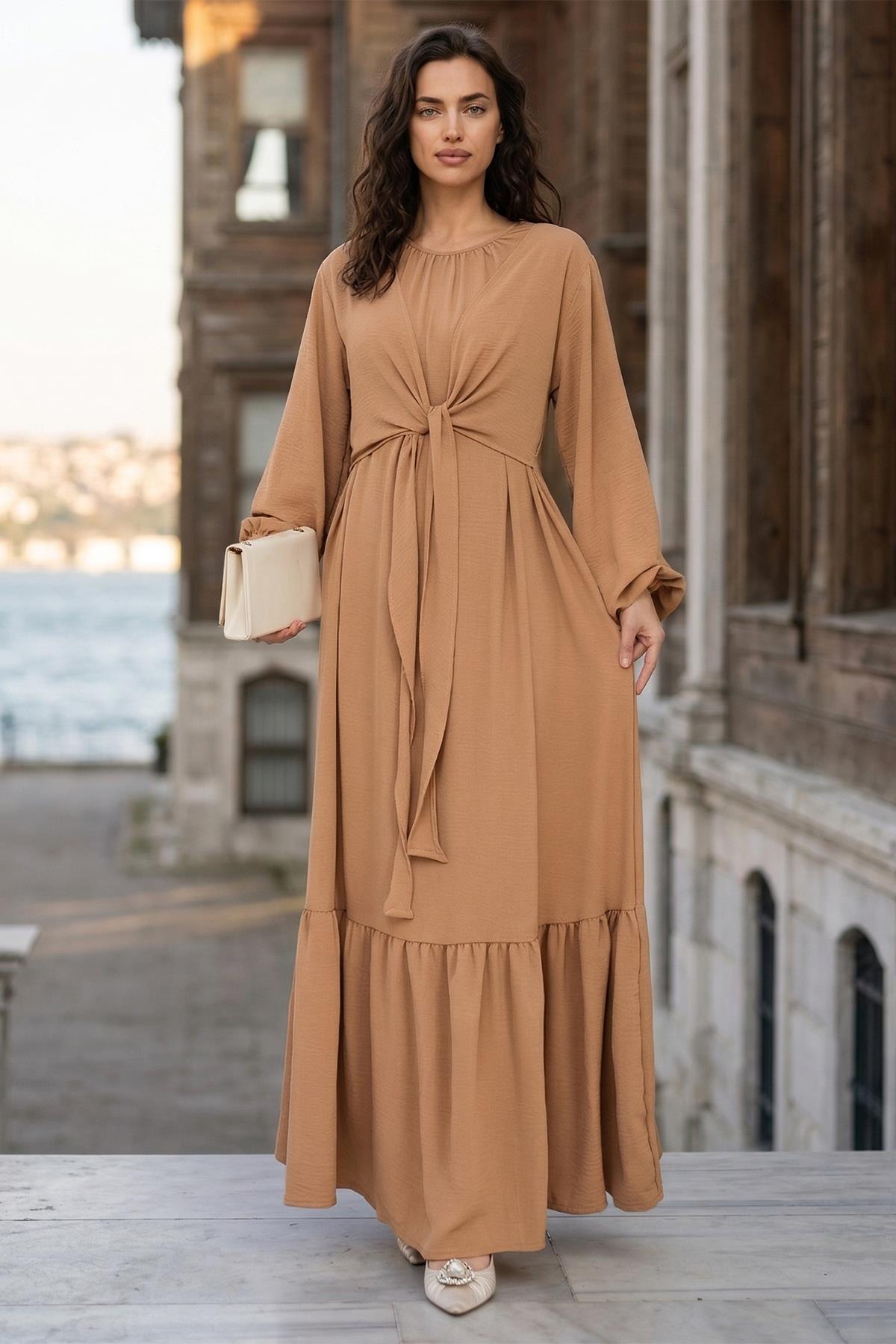 Bağlamalı Ayrobin Elbise Camel SS2873