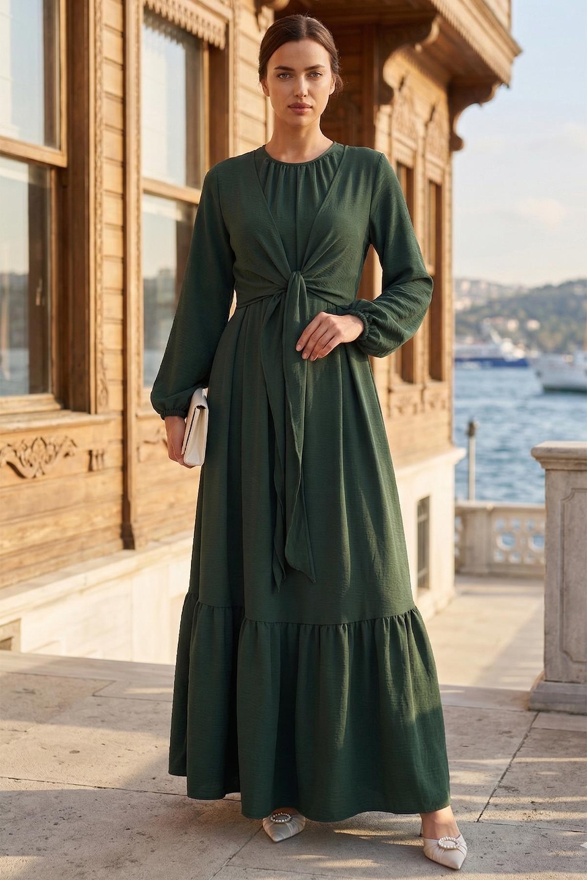 Bağlamalı Ayrobin Elbise Haki SS2873