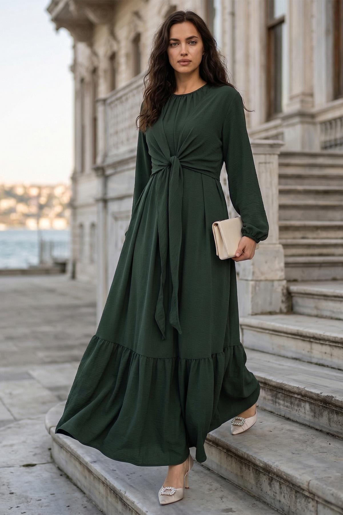 Bağlamalı Ayrobin Elbise Haki SS2873