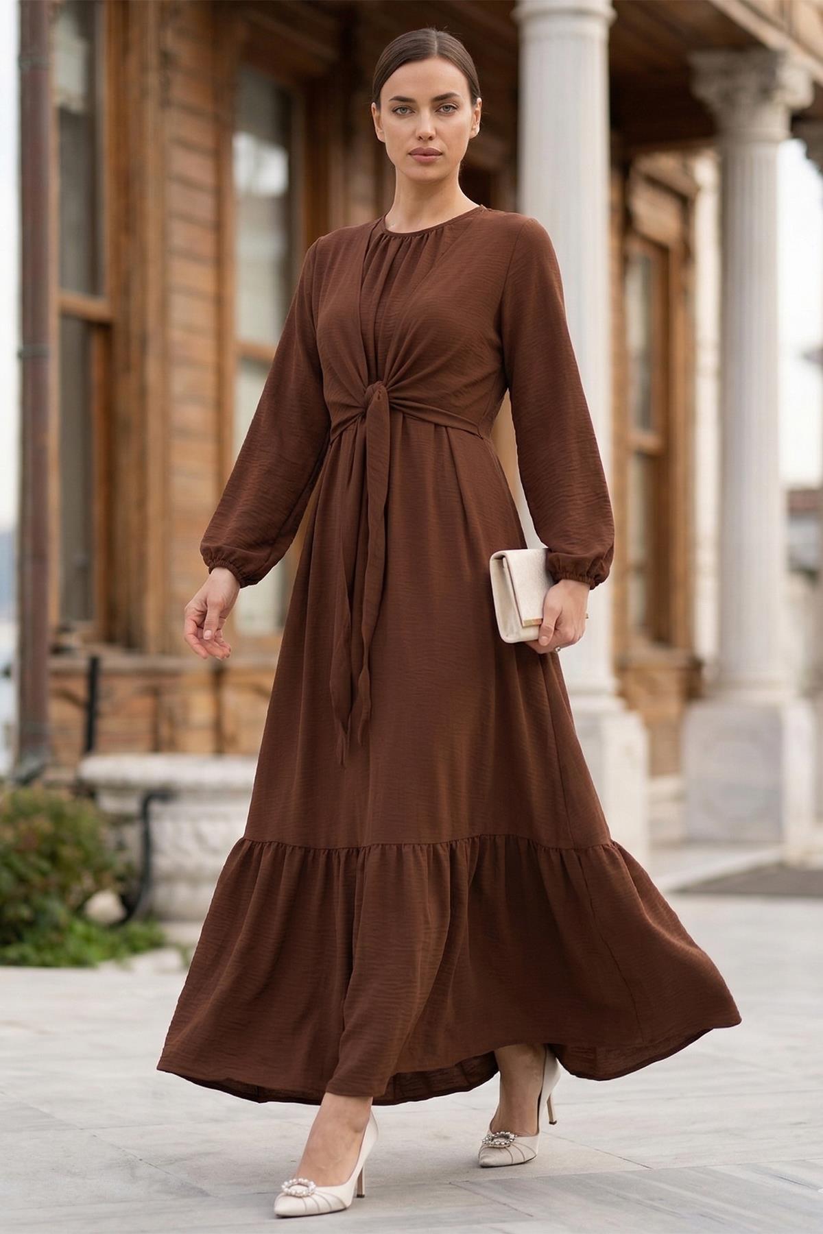 Bağlamalı Ayrobin Elbise Kahverengi SS2873