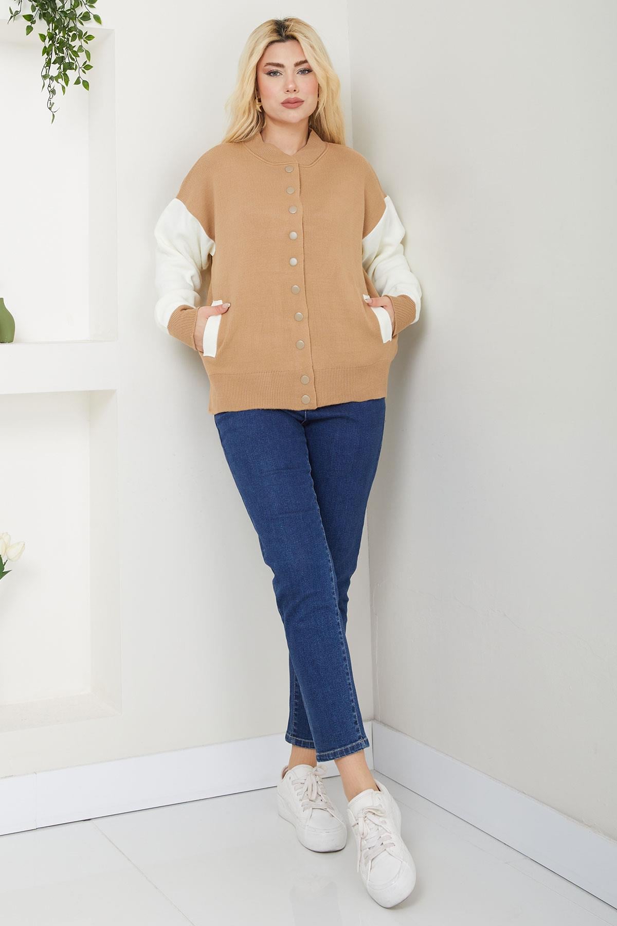 Bomber Yaka Çıtçıtlı Triko Hırka SS2615 Camel