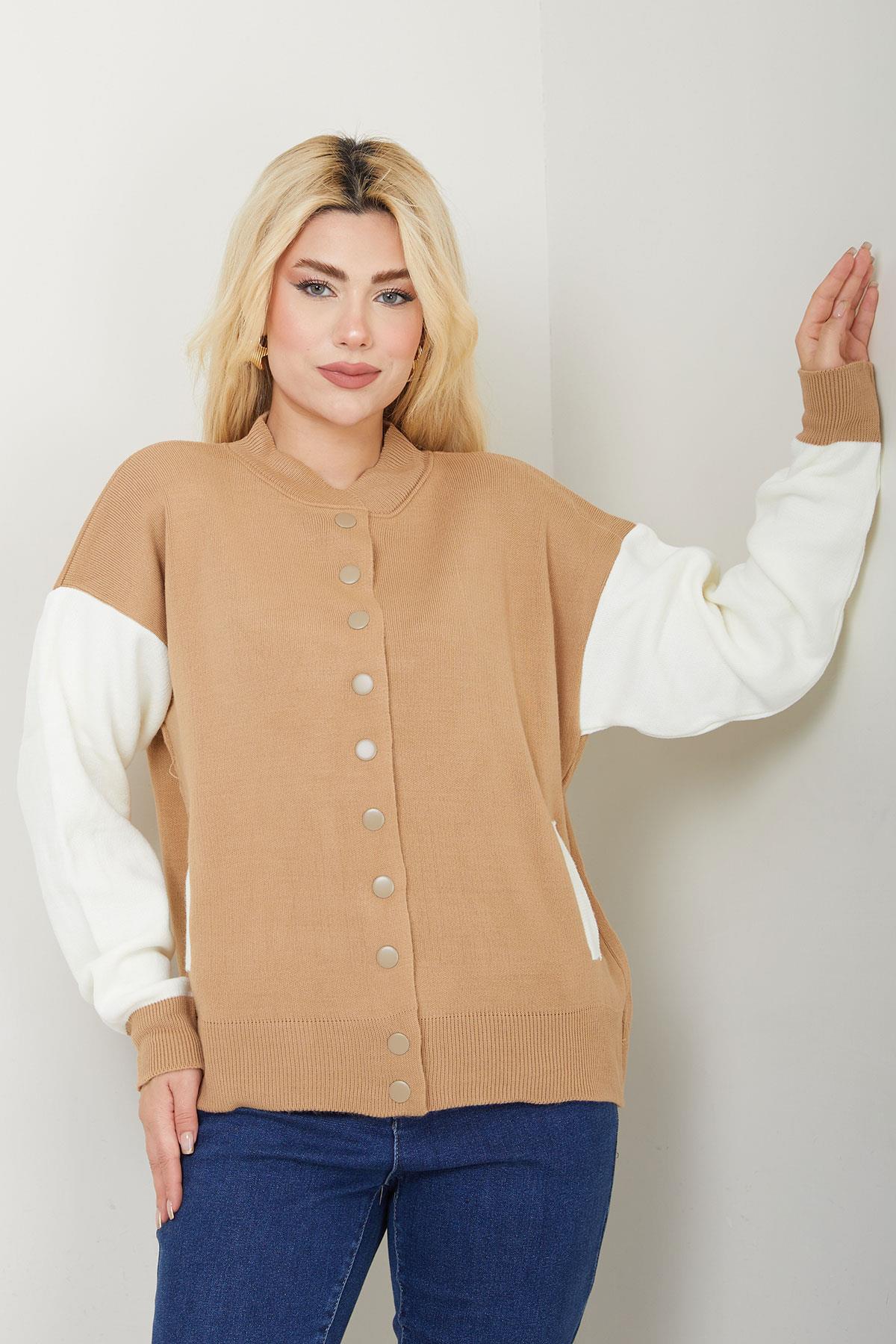 Bomber Yaka Çıtçıtlı Triko Hırka SS2615 Camel