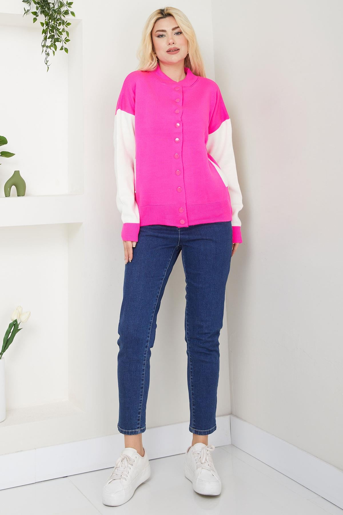 Bomber Yaka Çıtçıtlı Triko Hırka SS2615 Pembe